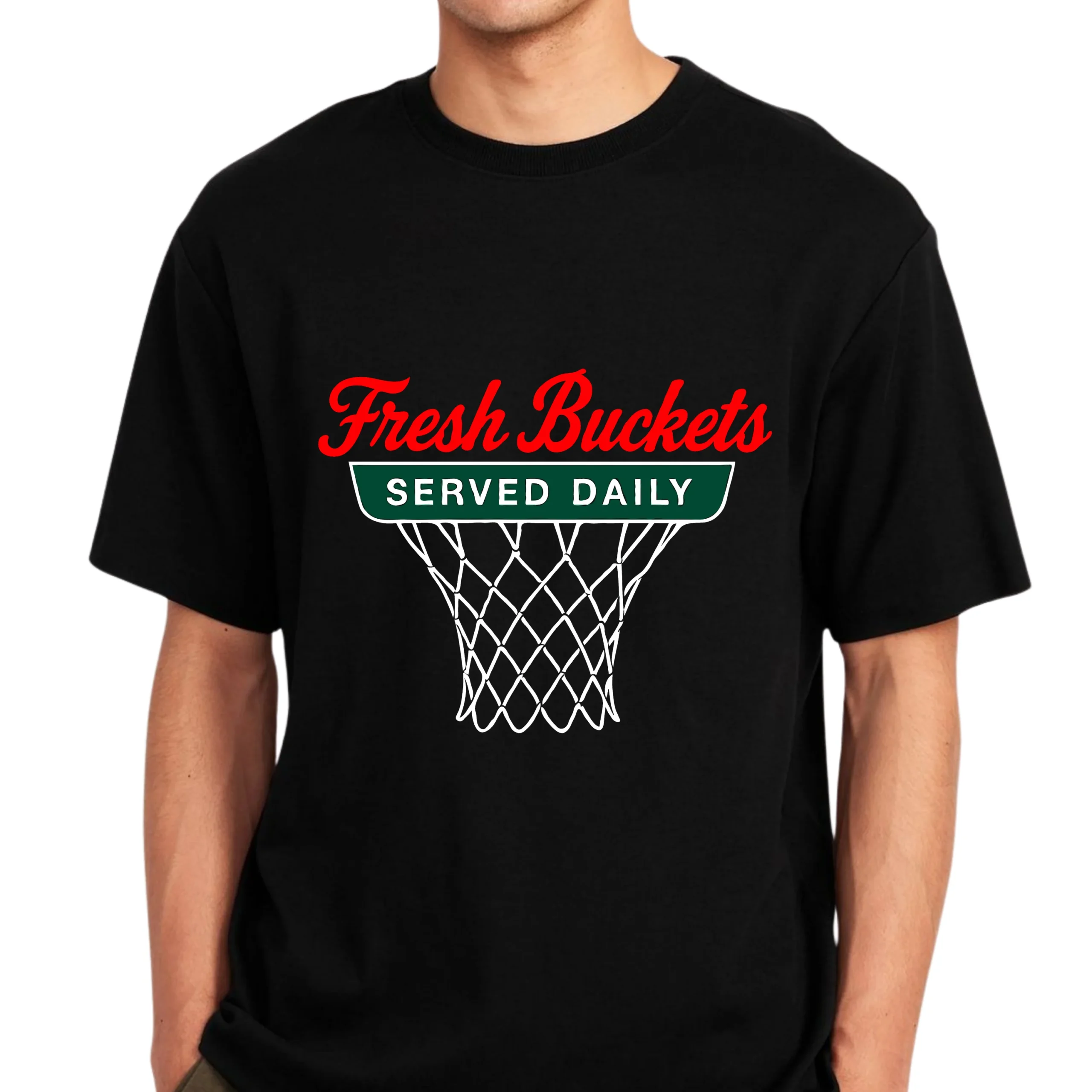 Fresh Buckets Served Daily Basketball T-Shirt | Funny Basketball Graphic Tee - Image 3