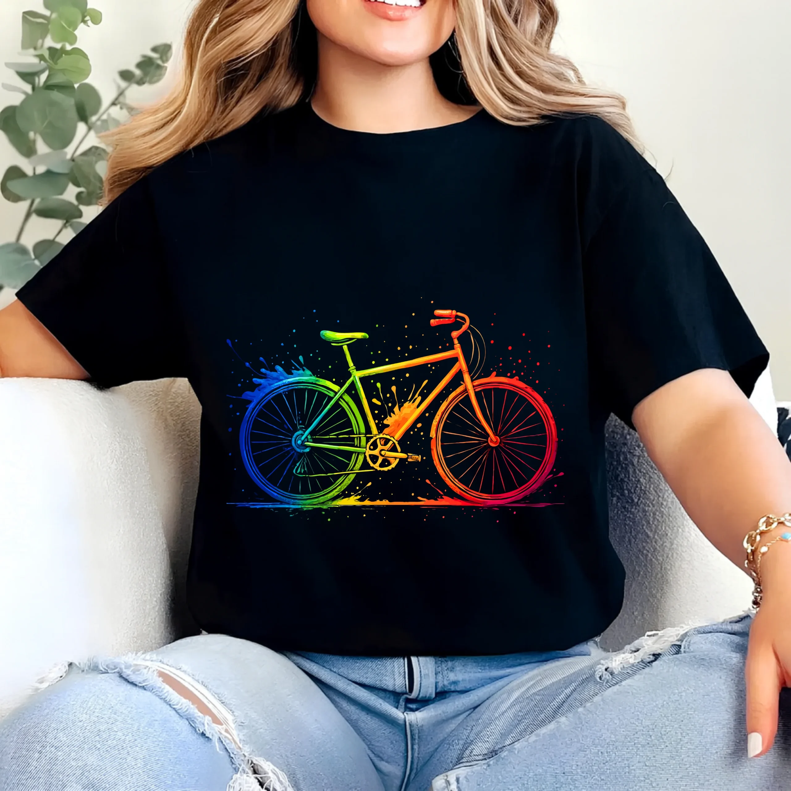 Rainbow Bicycle Paint Splash T-Shirt | Colorful Cycling Graphic Tee for Bike Lovers - Image 2