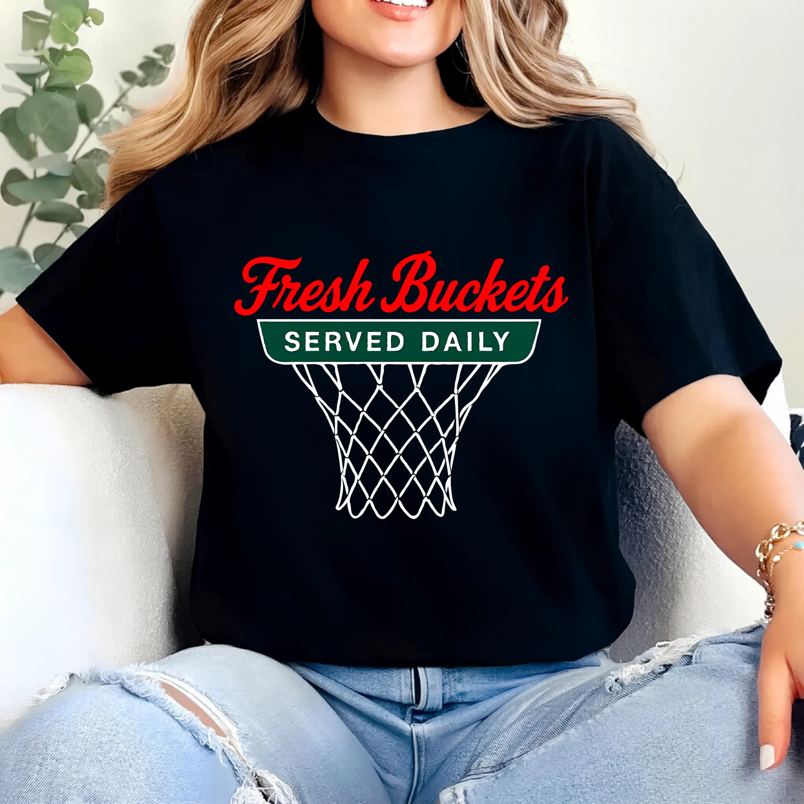 Fresh Buckets Served Daily Basketball T-Shirt | Funny Basketball Graphic Tee - Image 2