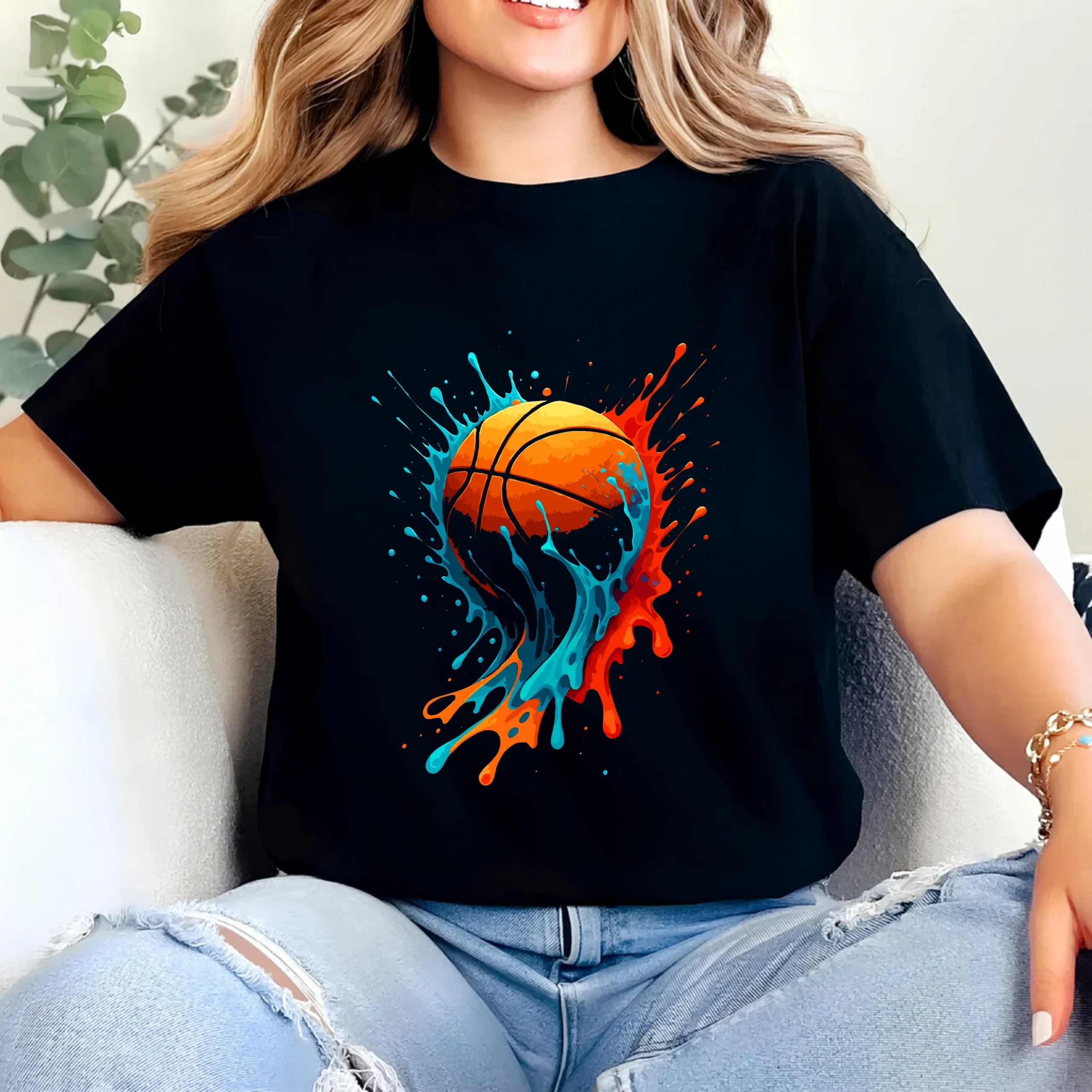 Basketball Splash T-Shirt | Colorful Paint Splash Basketball Graphic Tee - Image 2