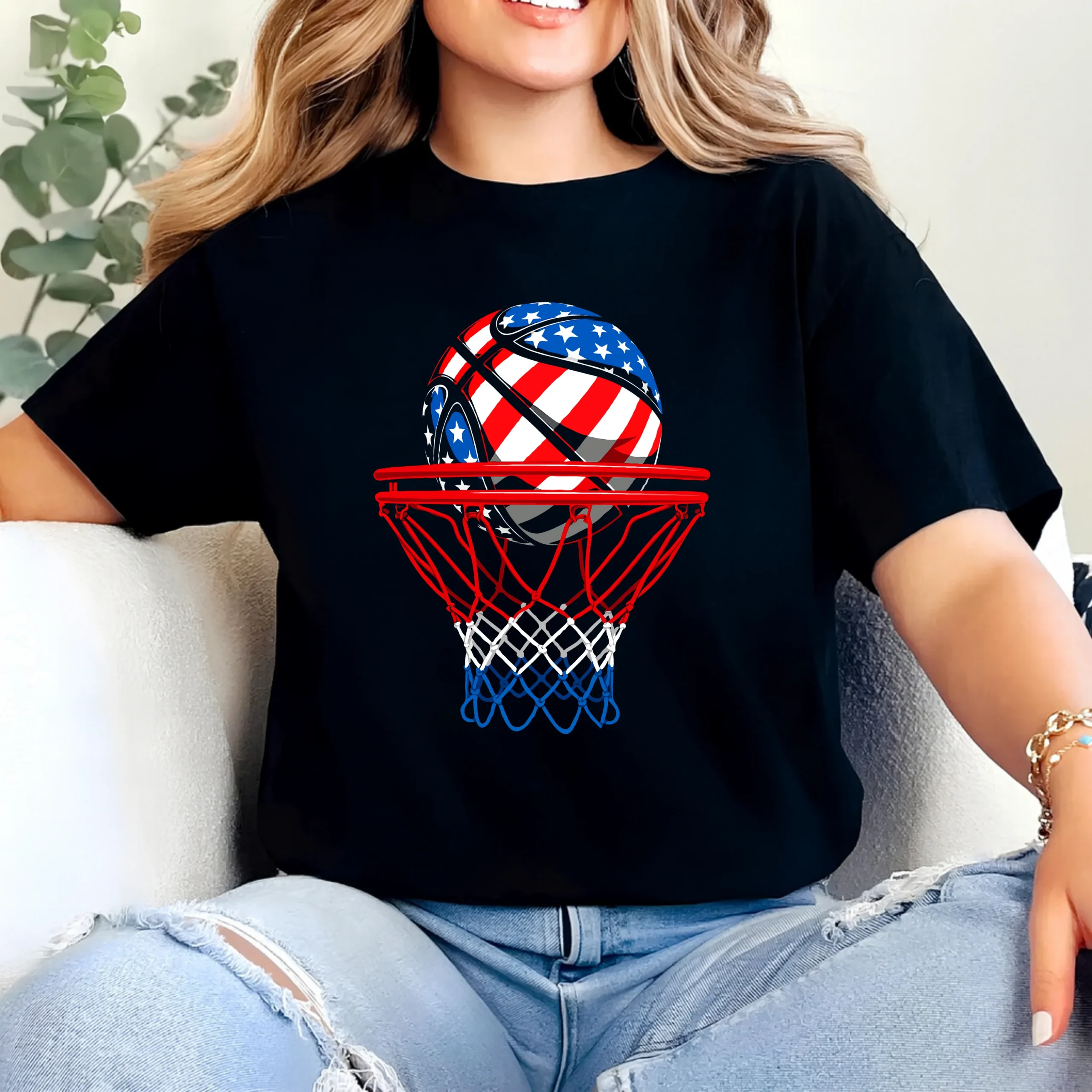 USA Flag Basketball T Shirt | Patriotic Basketball Hoop Graphic Tee - Image 2