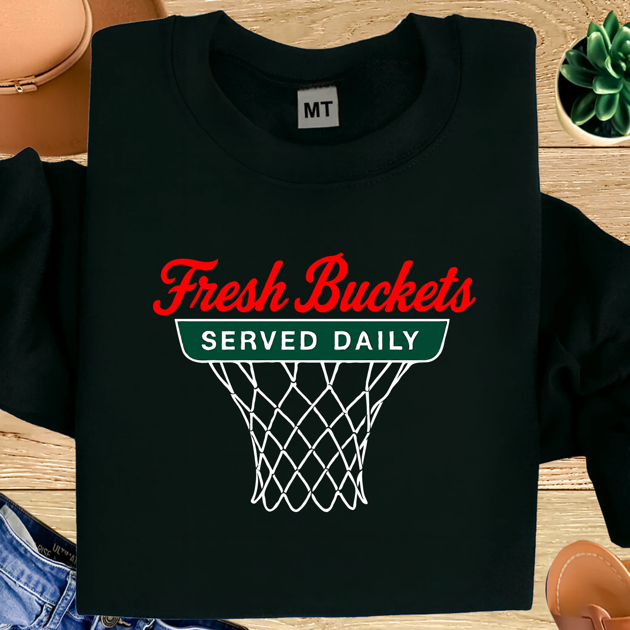 Fresh Buckets Served Daily Basketball T-Shirt | Funny Basketball Graphic Tee