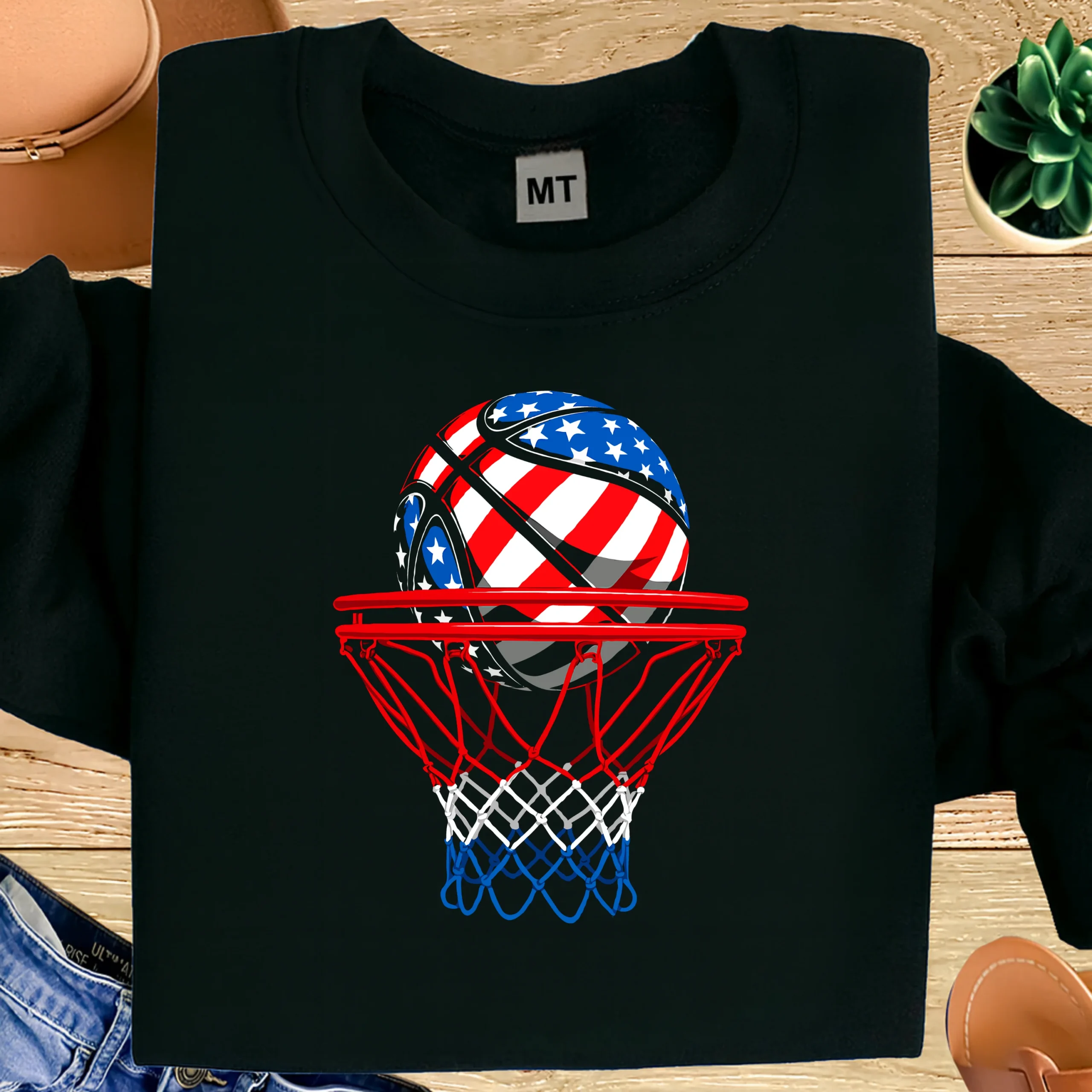 USA Flag Basketball T Shirt | Patriotic Basketball Hoop Graphic Tee