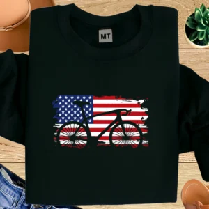 American Flag Bicycle T-Shirt  Patriotic Cycling Shirt for Bike Lovers