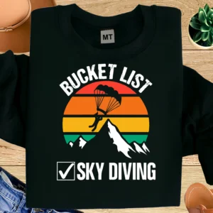 Bucket List Sky Diving printed cotton T-shirt with adventure graphic. Soft, breathable fabric. Perfect for thrill seekers in UAE.