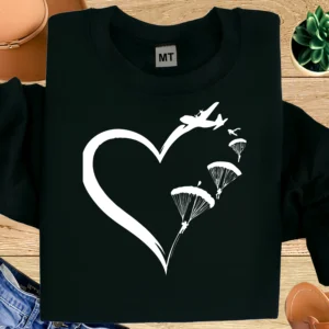 Heart shape skydiving love T-shirt with plane and parachute design. Made from premium cotton. Perfect for skydiving lovers in UAE.