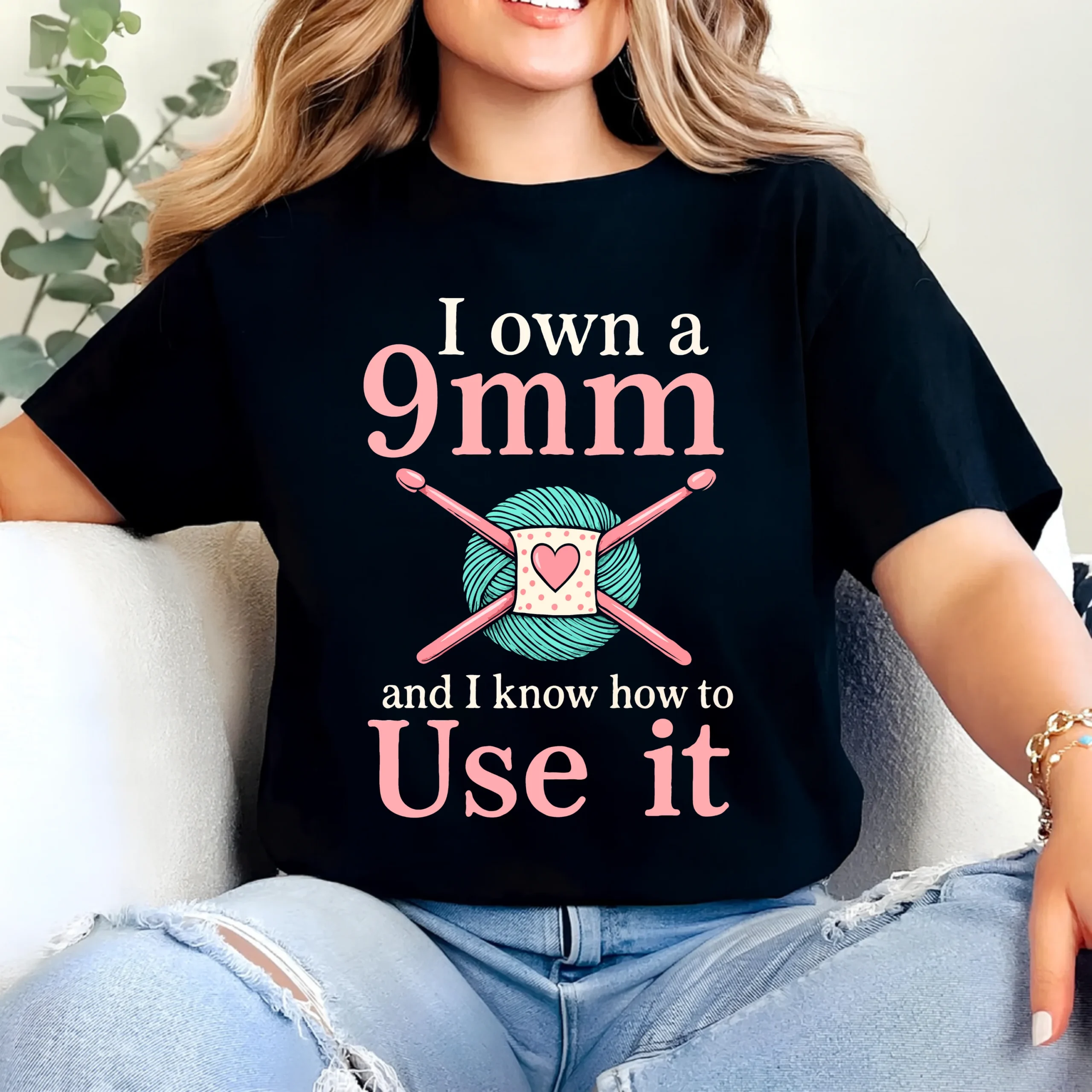 I Own a 9mm and I Know How to Use It Crochet T-Shirt | Funny Yarn Lover Tee - Image 2