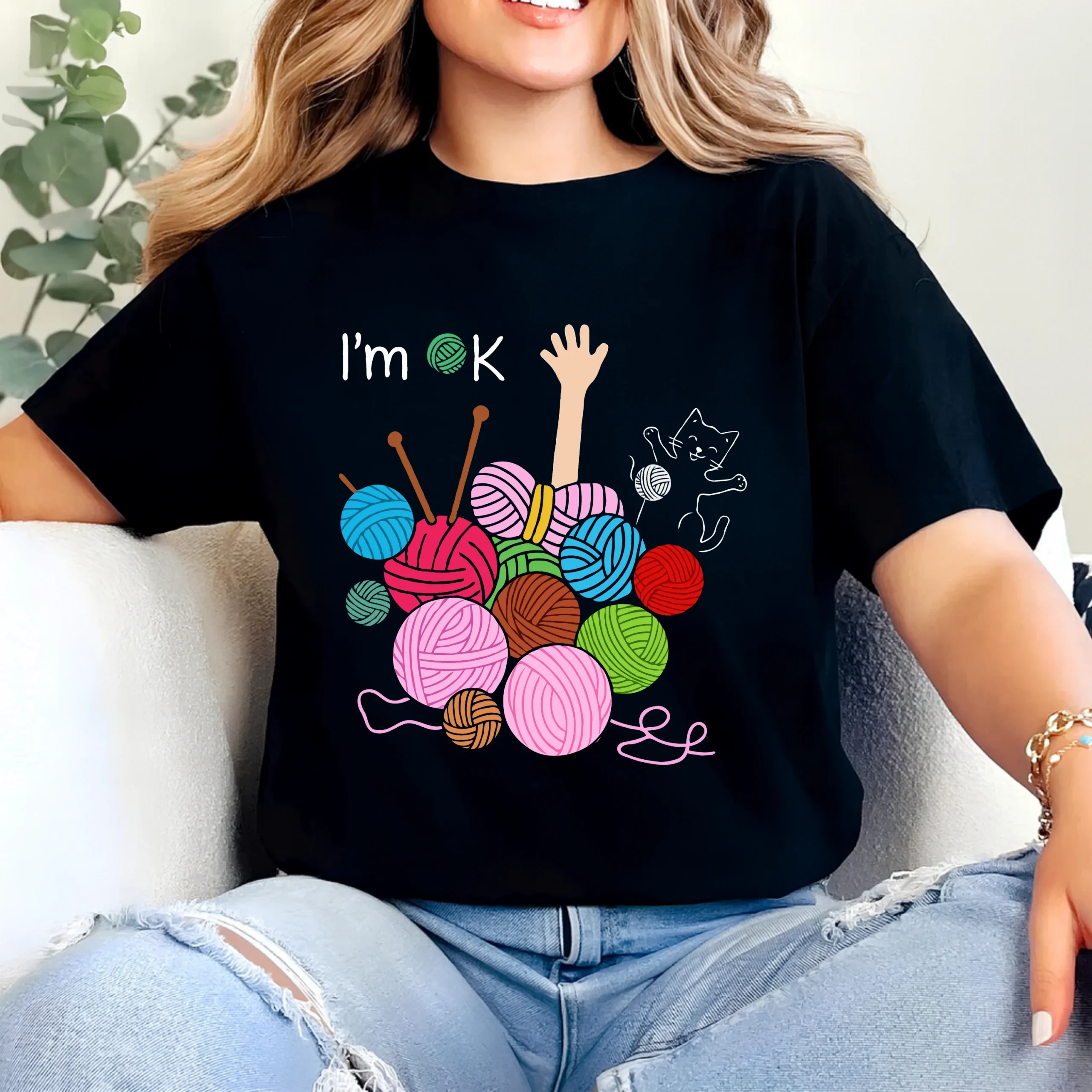I’m OK Crochet T-Shirt | Funny Yarn Lover Knitting Tee - Image 2