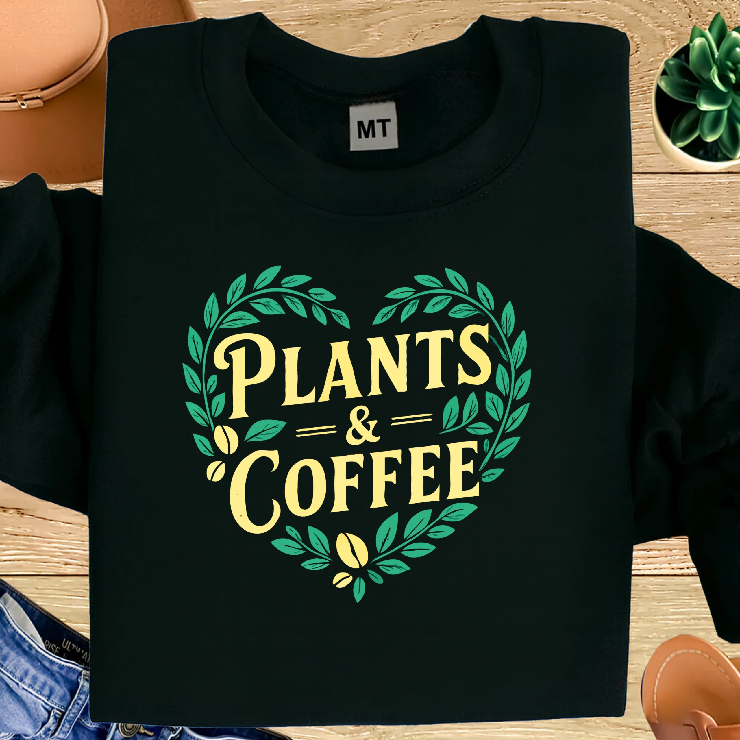 Plants & Coffee T-shirt made from premium cotton. Perfect for plant lovers, coffee lovers, gardeners, and cozy lifestyle enthusiasts.