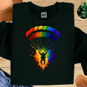 Rainbow skydiving T-shirt made from premium cotton. Colorful parachute graphic with bold splash design. Perfect for skydivers in UAE.