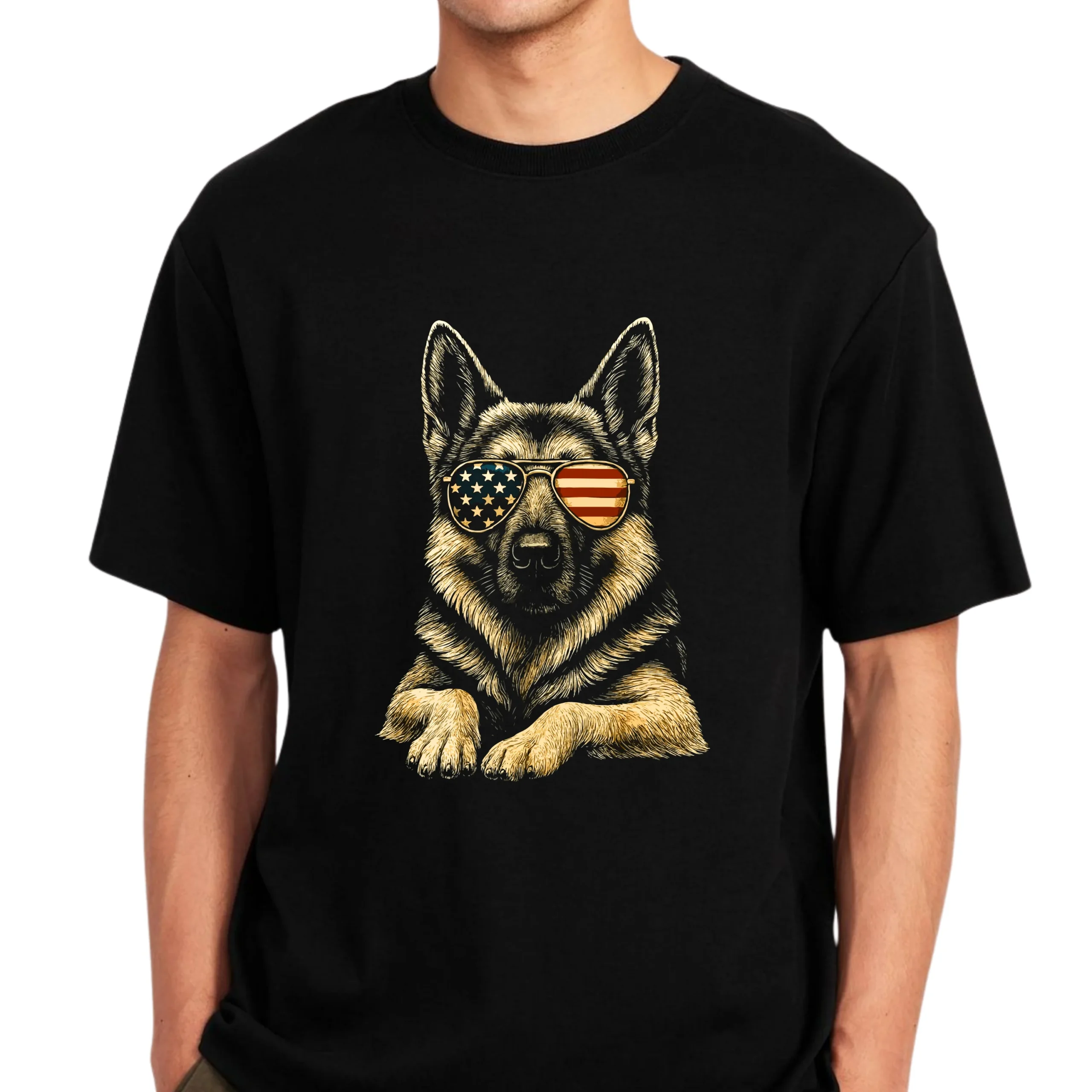 German Shepherd Sunglasses T-Shirt | Patriotic American Flag Dog Tee - Image 3