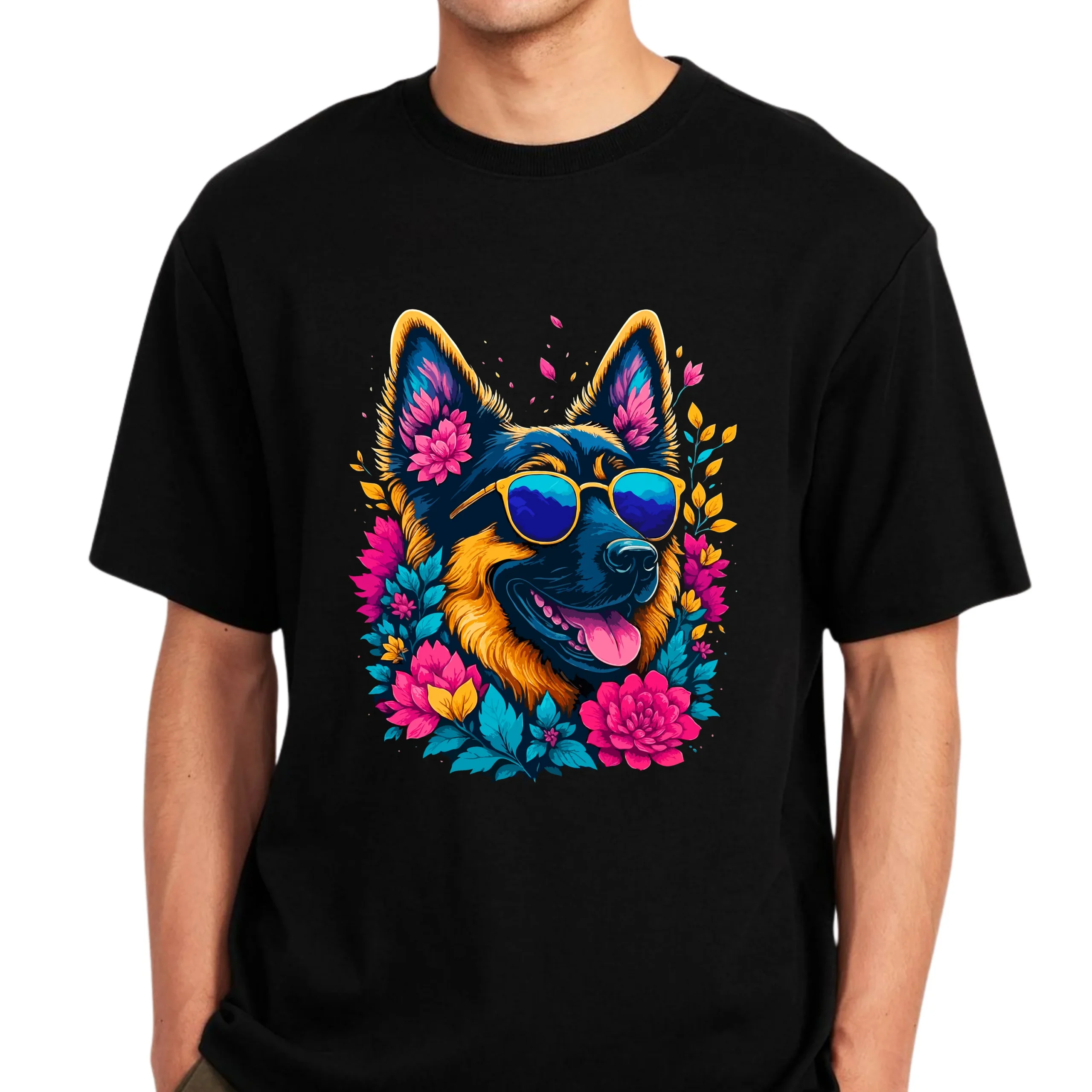 Colorful German Shepherd Floral Sunglasses T Shirt | Dog Lover Art Tee - Image 3