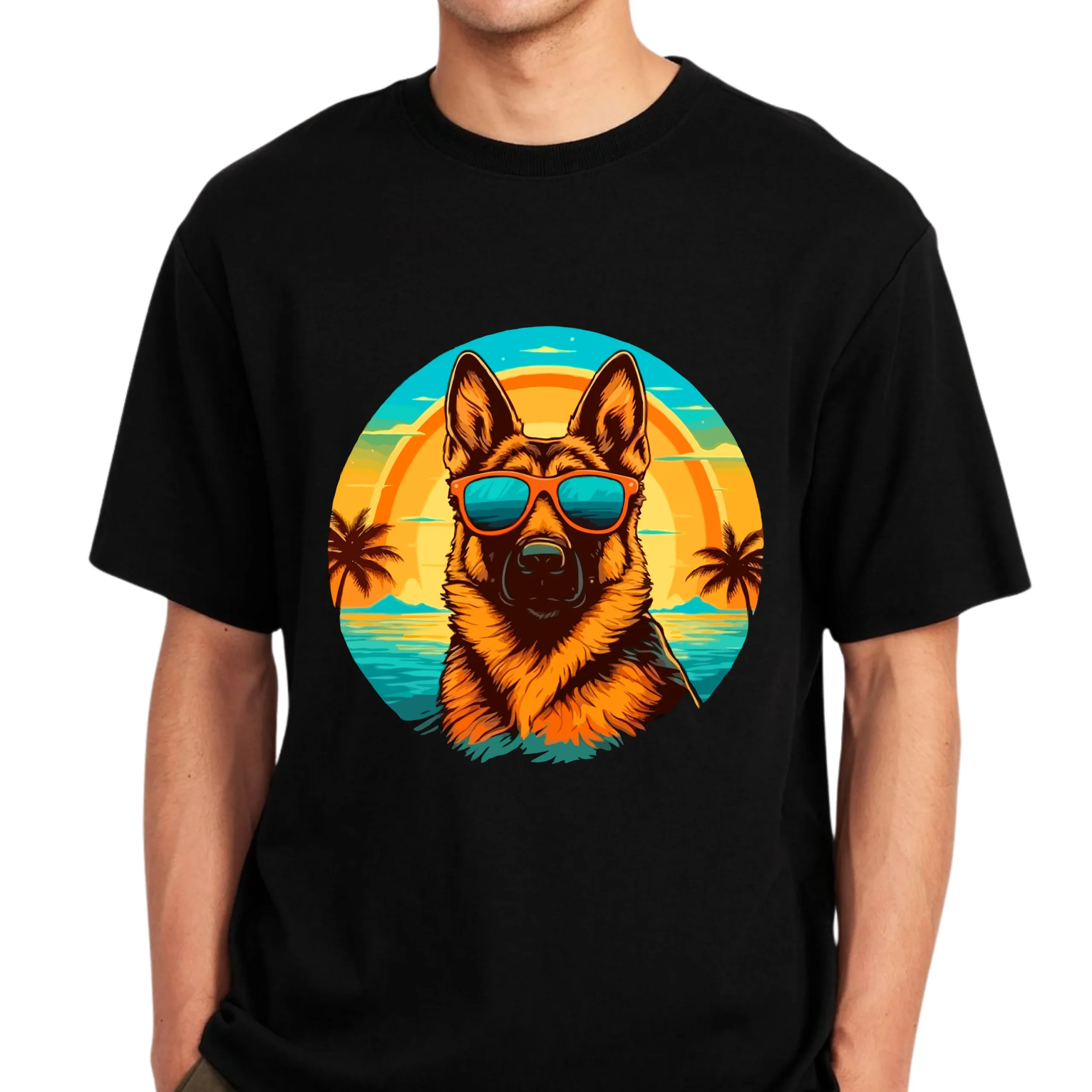 Cool German Shepherd Sunglasses Shirt | Retro Sunset Dog Lover Tee | Summer Beach German Shepherd T-Shirt - Image 3