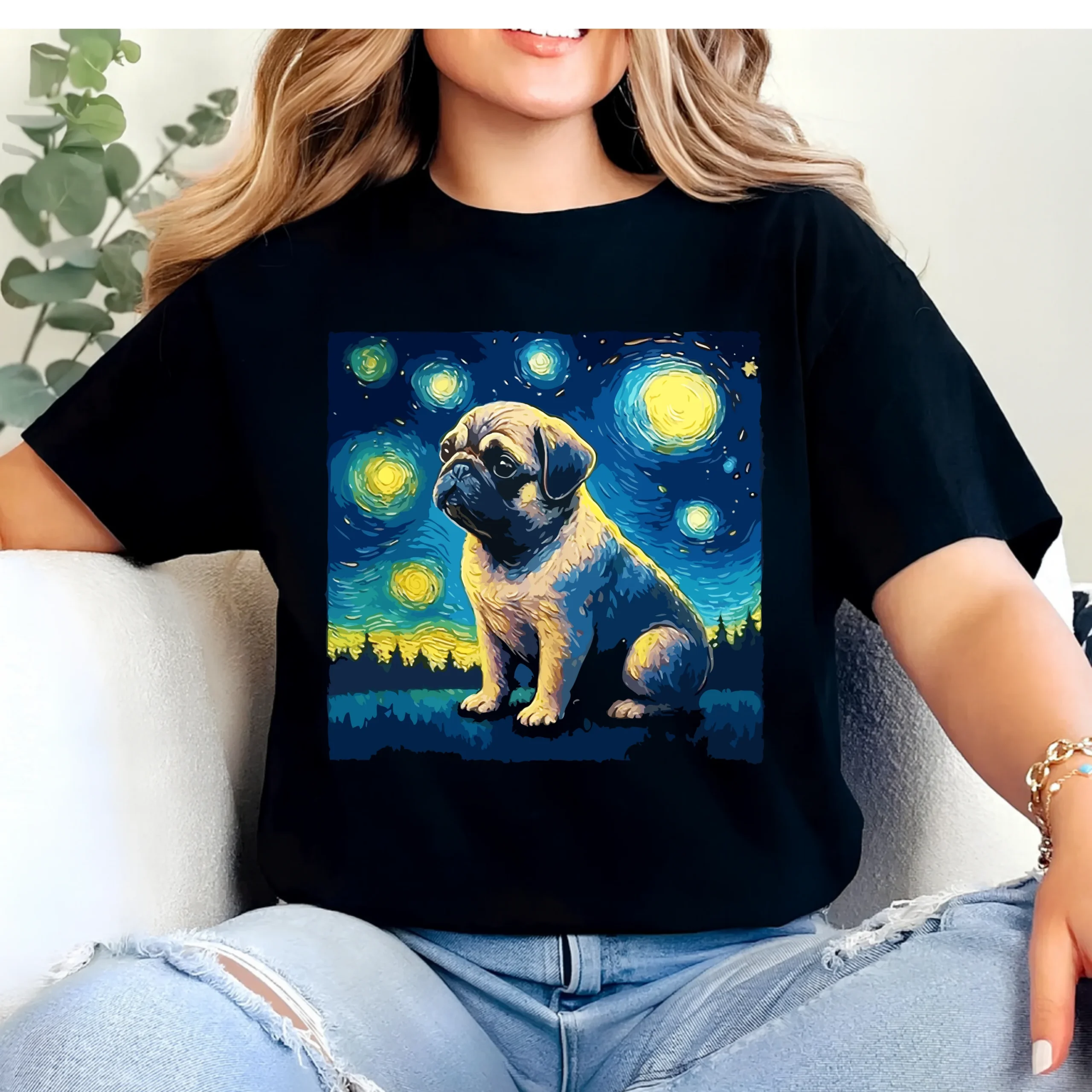 Starry Night Pug T-Shirt | Artistic Pug Dog Lover Tee - Image 2