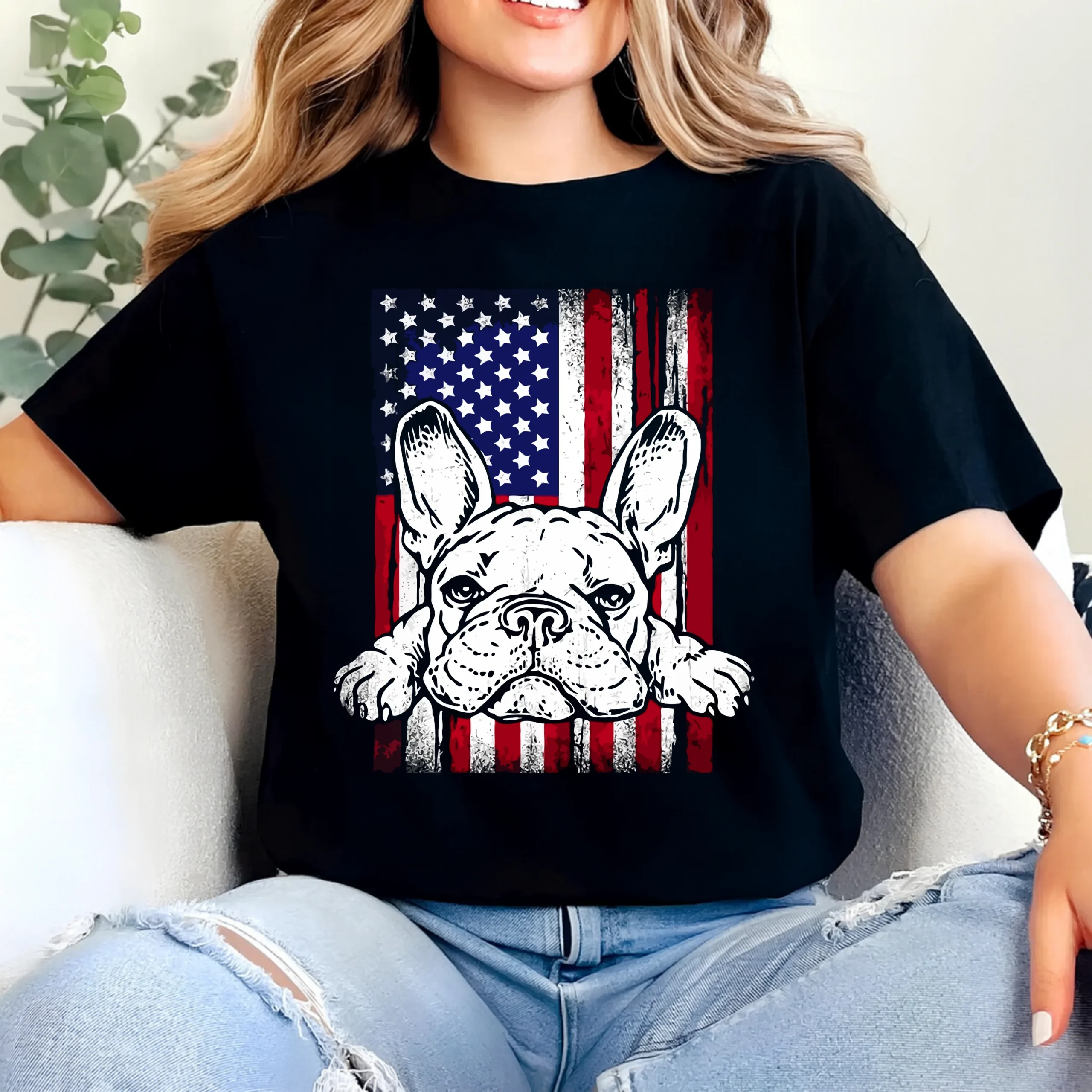 Patriotic French Bulldog T-Shirt | American Flag Frenchie Dog Tee - Image 2