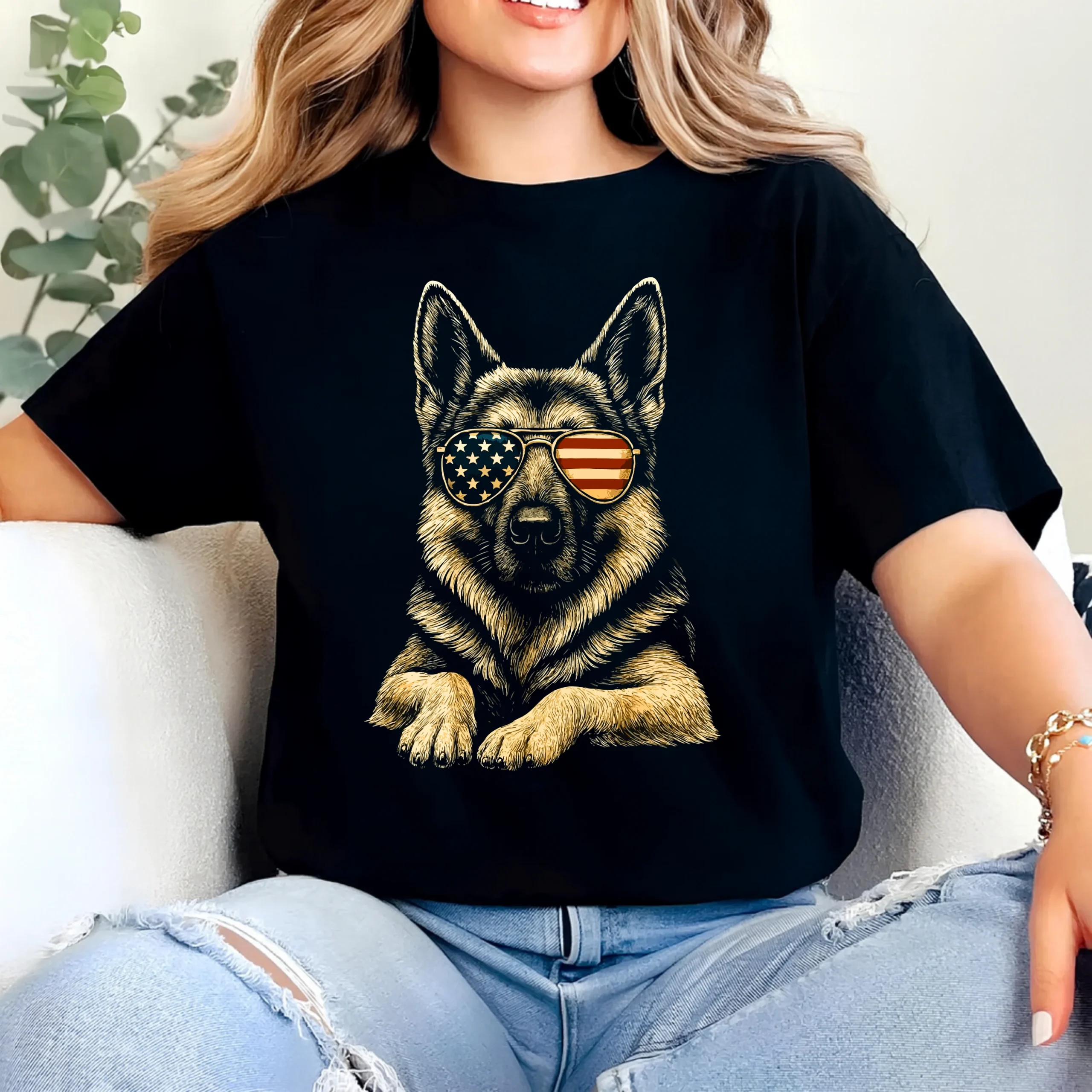 German Shepherd Sunglasses T-Shirt | Patriotic American Flag Dog Tee - Image 2