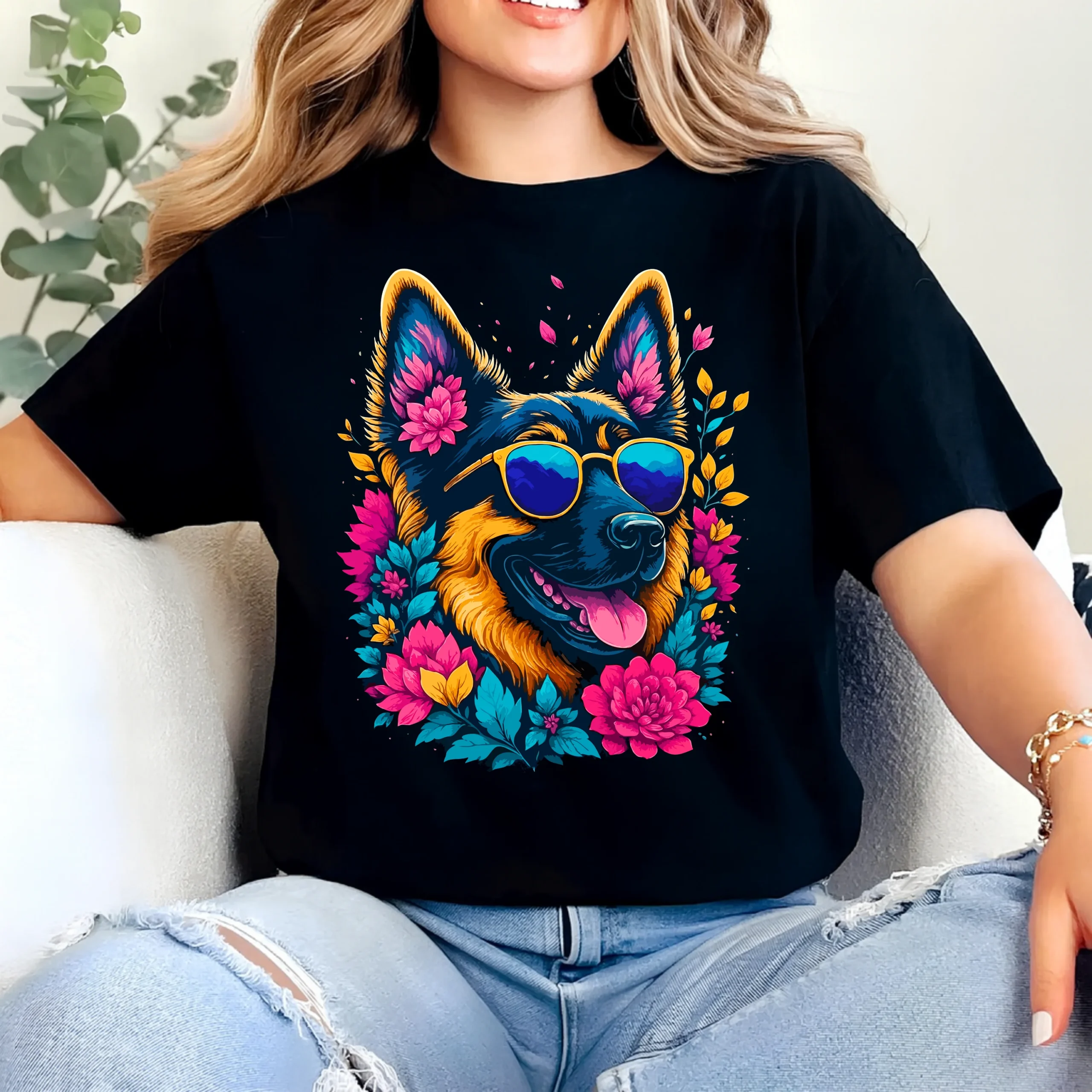 Colorful German Shepherd Floral Sunglasses T Shirt | Dog Lover Art Tee - Image 2