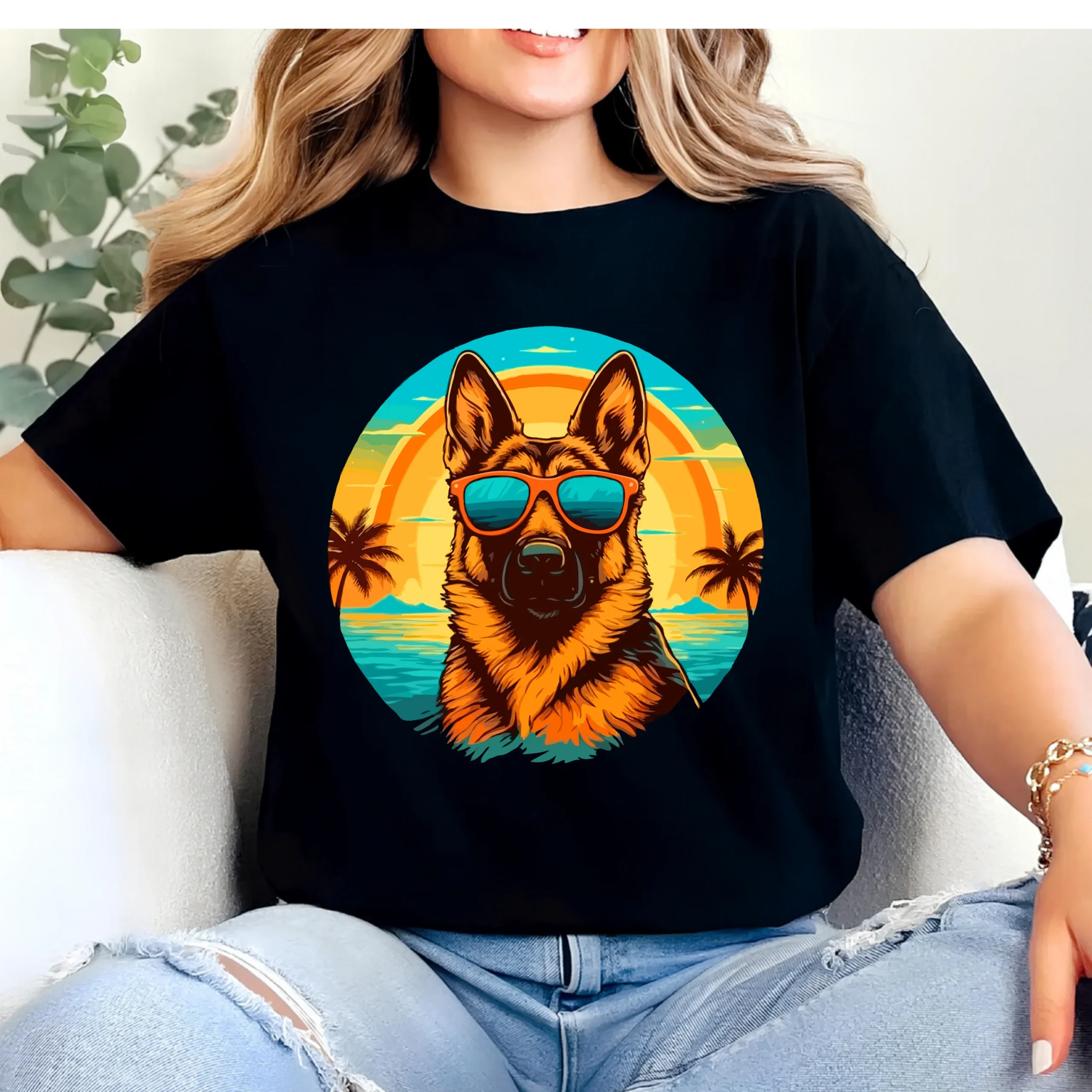 Cool German Shepherd Sunglasses Shirt | Retro Sunset Dog Lover Tee | Summer Beach German Shepherd T-Shirt - Image 2