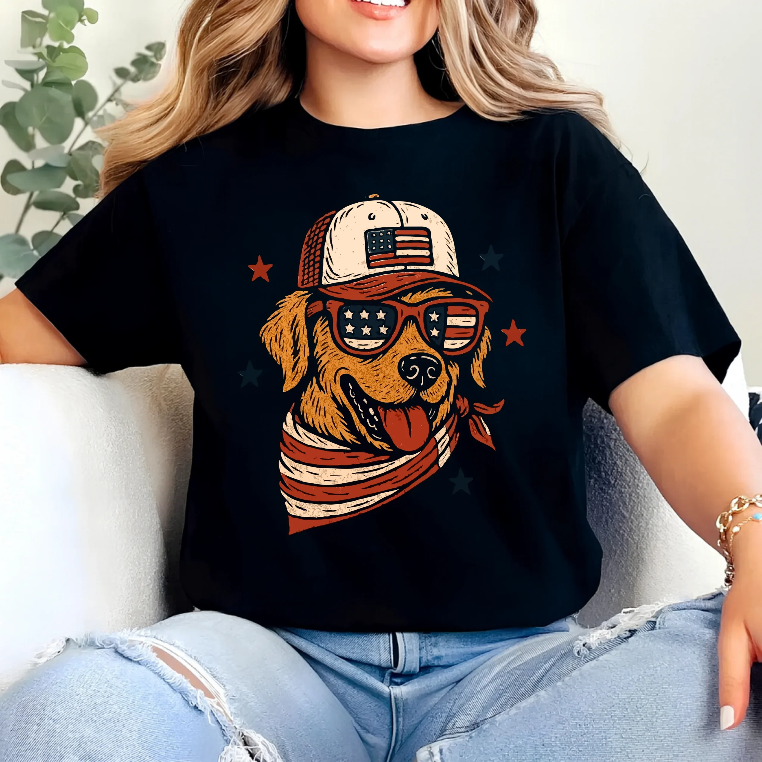 Patriotic Golden Retriever Shirt | USA Dog Lover T-Shirt | American Flag Dog Sunglasses & Hat Tee - Image 2