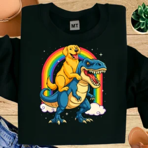 Funny Golden Retriever Riding Dinosaur Shirt | Rainbow Dino Dog T-Shirt | Cute Dog Lover Graphic Tee