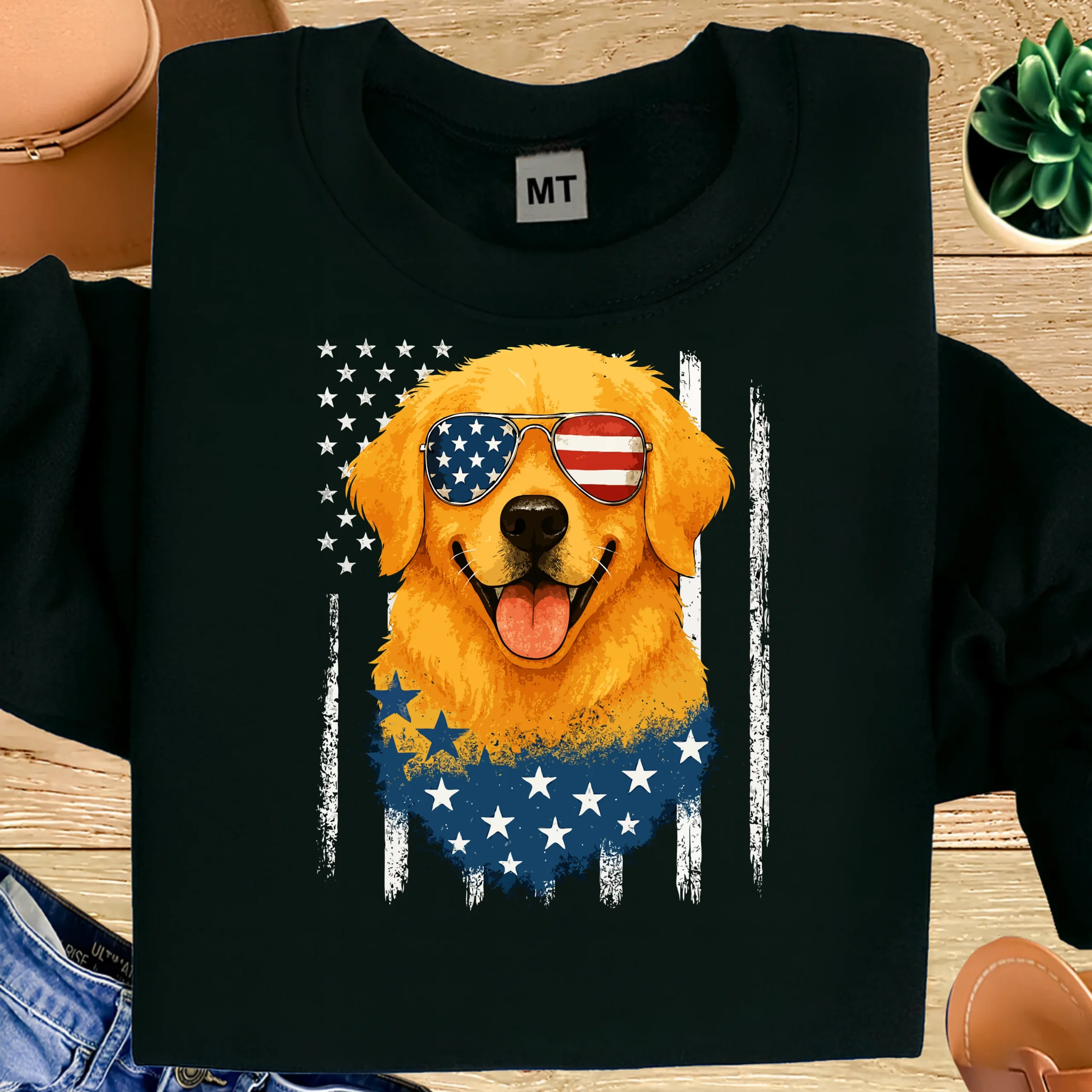 Patriotic Golden Retriever Shirt | American Flag Dog T-Shirt | USA Golden Retriever Sunglasses Tee