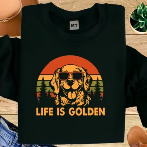 Life Is Golden Shirt | Golden Retriever Sunglasses T-Shirt | Retro Sunset Dog Lover Tee