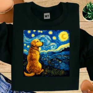 Starry Night Golden Retriever Shirt | Artistic Dog Lover T-Shirt | Van Gogh Style Golden Retriever Tee