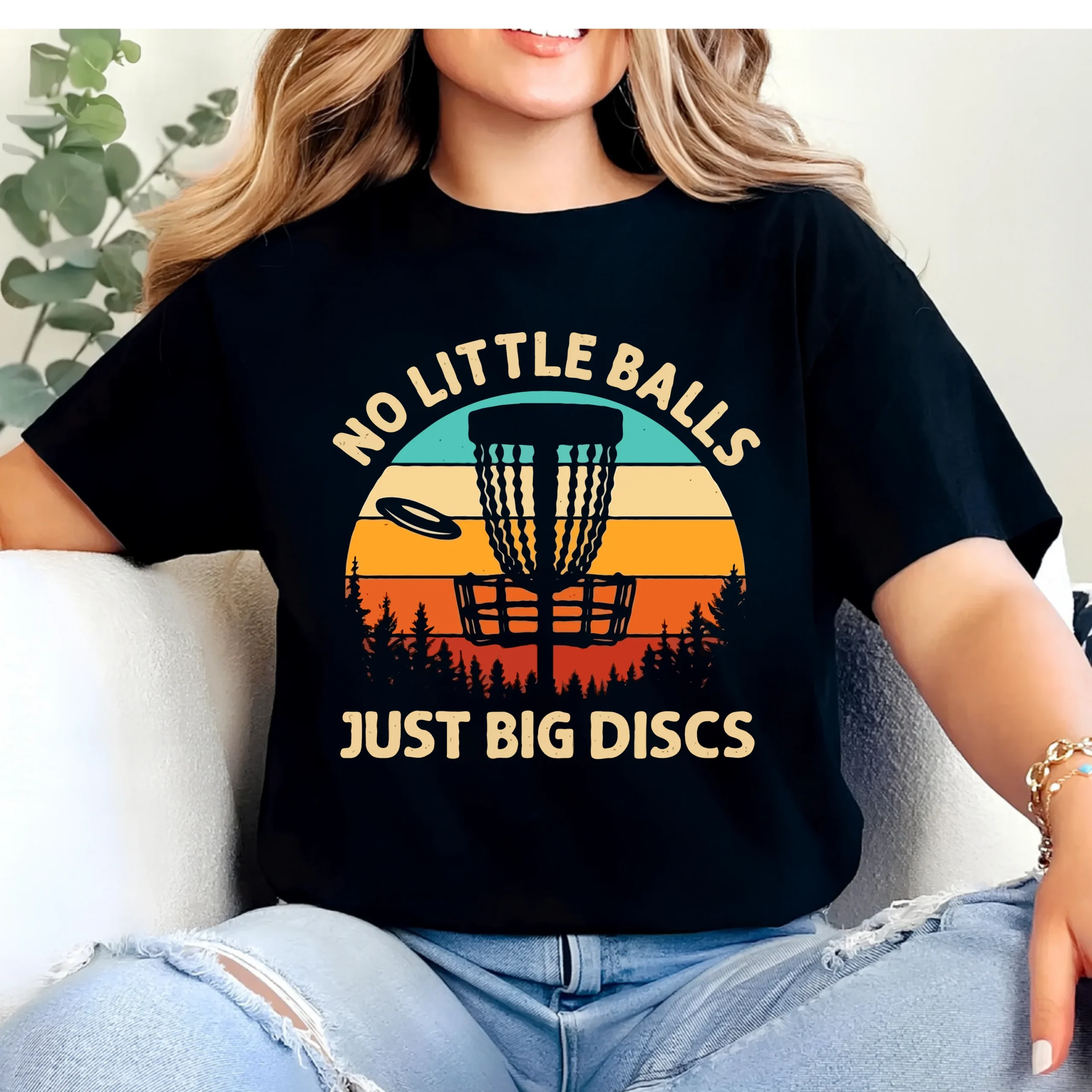 No Little Balls Just Big Discs Disc Golf Shirt | Funny Disc Golf T-Shirt | Disc Golf Basket Retro Tee | Frisbee Golf Humor Shirt - Image 2