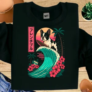 Surfing French Bulldog T-Shirt | Retro Surf Dog Art Tee