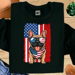 Cool French Bulldog American Flag T-Shirt | Patriotic Frenchie Sunglasses Tee