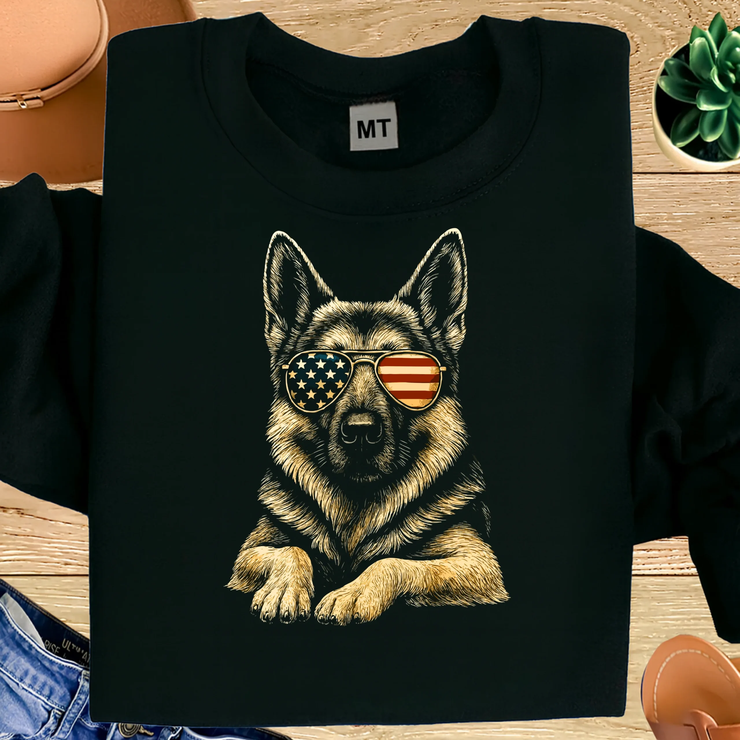 German Shepherd Sunglasses T-Shirt | Patriotic American Flag Dog Tee