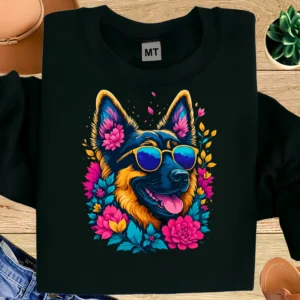 Colorful German Shepherd Floral Sunglasses T Shirt | Dog Lover Art Tee