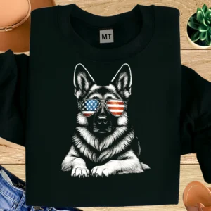 German Shepherd American Flag Sunglasses T-Shirt | Patriotic Dog Lover Graphic Tee
