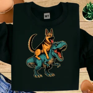 German Shepherd Riding Dinosaur Shirt | Funny Dog Riding T-Rex T-Shirt | Dog Lover Humor Tee