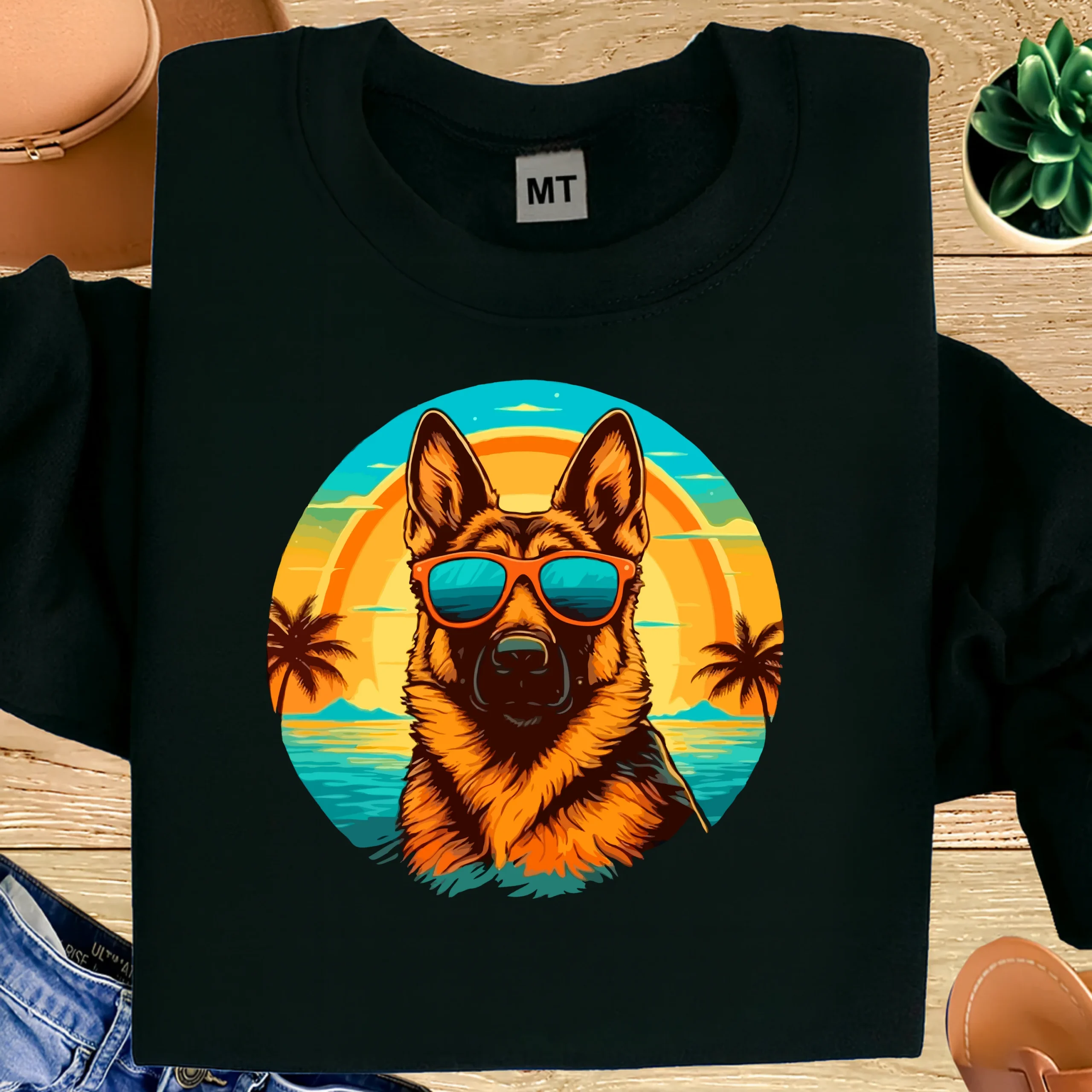 Cool German Shepherd Sunglasses Shirt | Retro Sunset Dog Lover Tee | Summer Beach German Shepherd T-Shirt