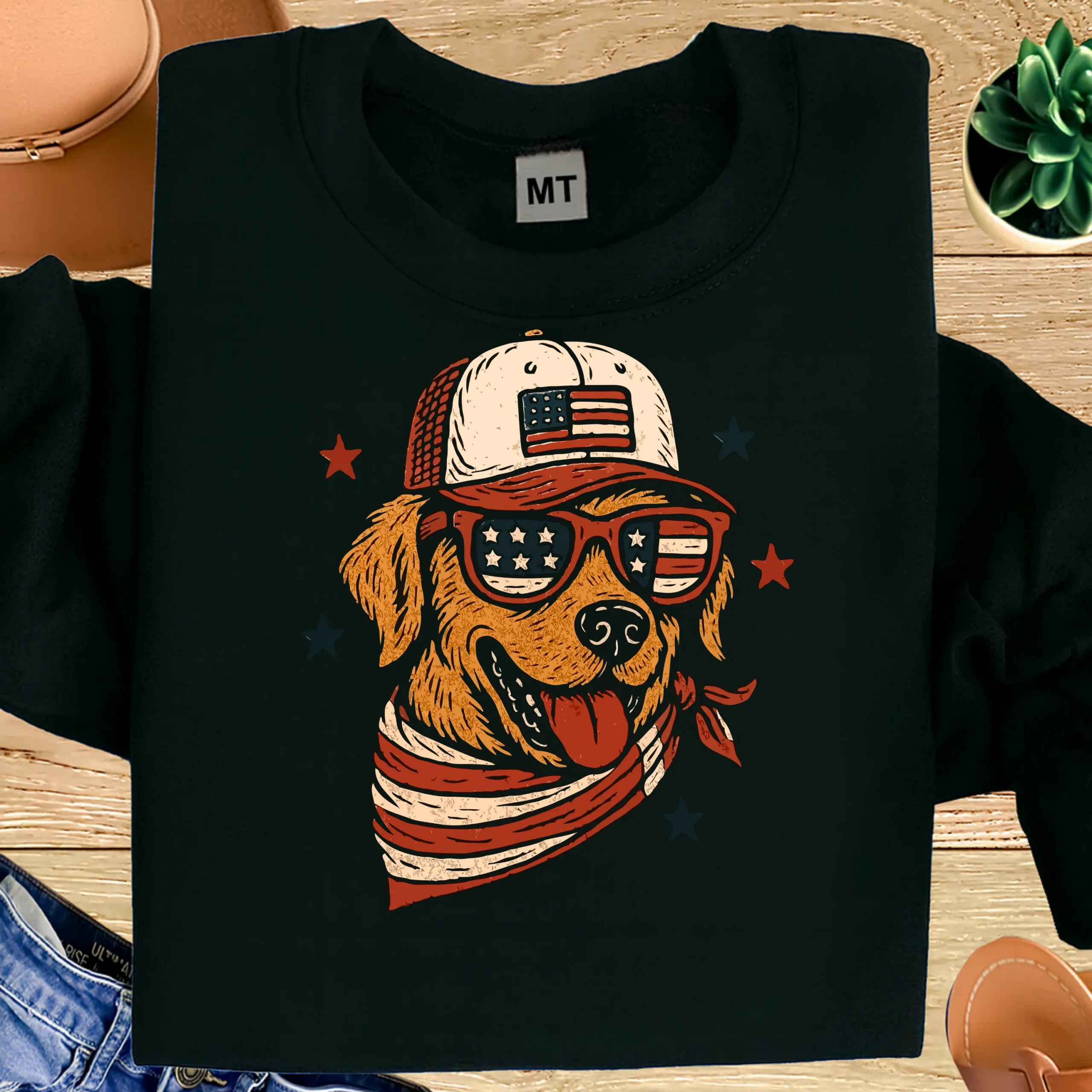 Patriotic Golden Retriever Shirt | USA Dog Lover T-Shirt | American Flag Dog Sunglasses & Hat Tee