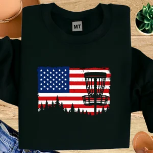 American Flag Disc Golf Shirt | Patriotic Disc Golf T-Shirt | USA Disc Golf Basket Tee | Disc Golfer Gift | Fourth of July Disc Golf Shirt