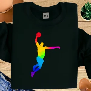 Rainbow Dunk Basketball T-Shirt | Colorful Basketball Player Silhouette Tee