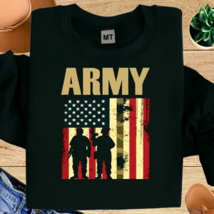 Army T-shirt with bold US Army soldier and American flag graphic. Premium cotton tee perfect for military pride, veterans, supporters, and patriotic wear.