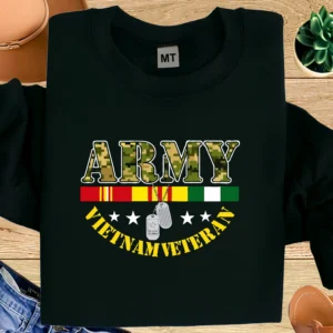 Army Vietnam Veteran T-shirt with military ribbons and dog tags design. Premium cotton tee honoring Vietnam War service, courage, and pride.