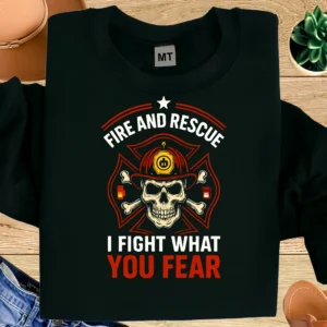 Bold “Fire and Rescue – I Fight What You Fear” T-shirt with skull firefighter graphic. Premium cotton tee made for fearless firefighters.