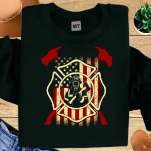 Bold firefighter skull T-shirt featuring EST 1776 fire helmet and American flag design. Perfect patriotic tee for firefighters and fire dept pride.