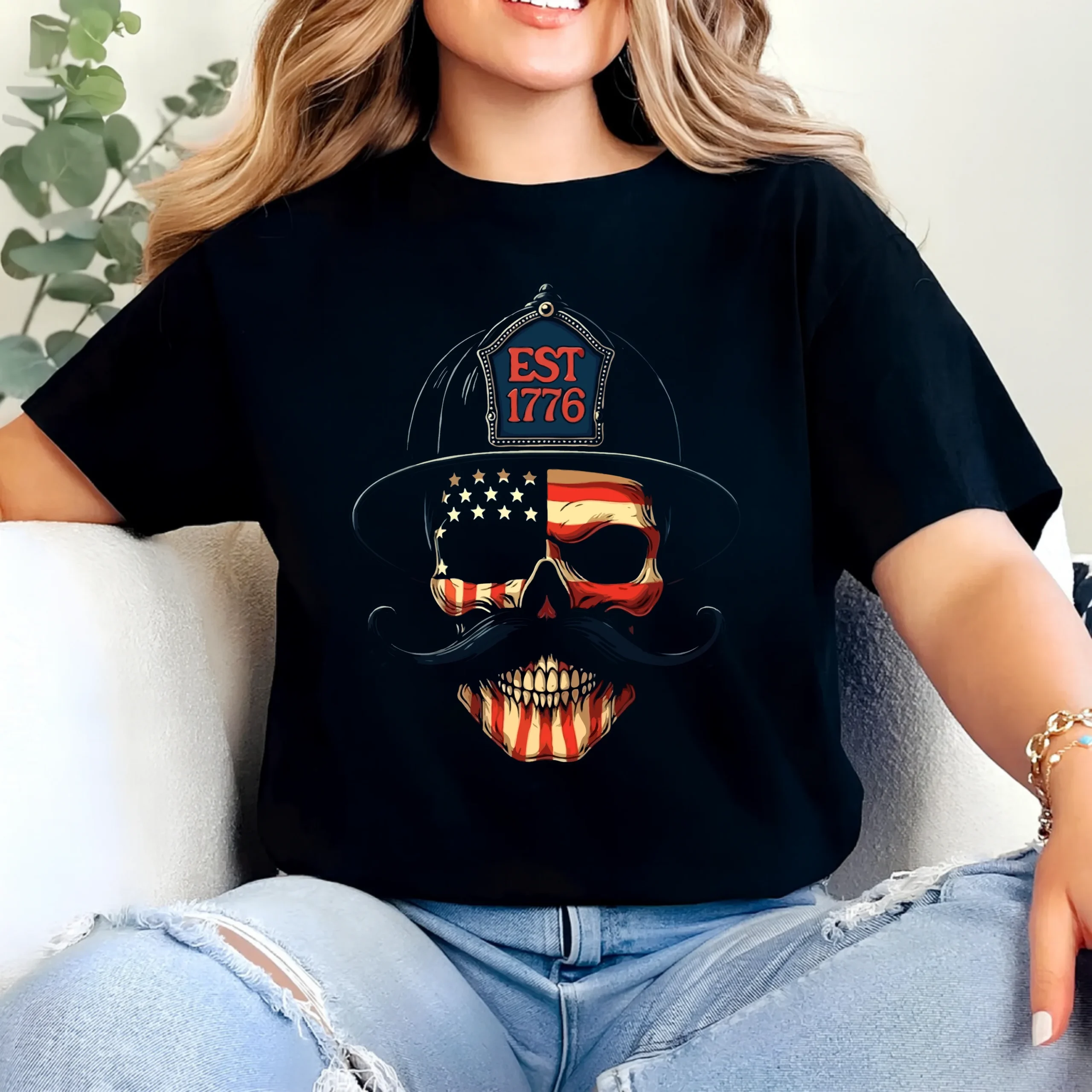 Firefighter Skull EST 1776 T-Shirt | Patriotic Fire Dept Tee - Image 2