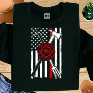 Firefighter tools American flag T-shirt featuring axe, halligan, and ladder design. Perfect patriotic tee for firefighters and fire crews.