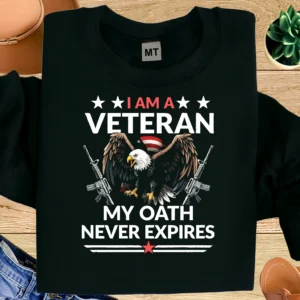 I Am a Veteran T-shirt with bold eagle and patriotic military design. Premium cotton tee honoring service, duty, and veteran pride that never fades.