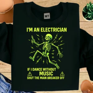 Funny electrician T-shirt with skeleton shock design. Premium cotton humor tee for electricians, linemen, and trade workers who love bold job-site jokes.