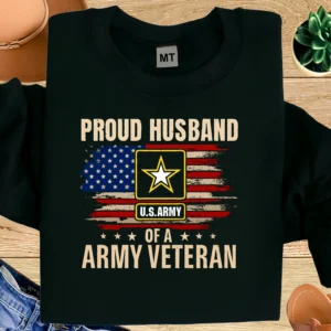 Proud Husband of a U.S. Army Veteran T-shirt with American flag and military emblem. Premium cotton tee for military families and patriotic wear.