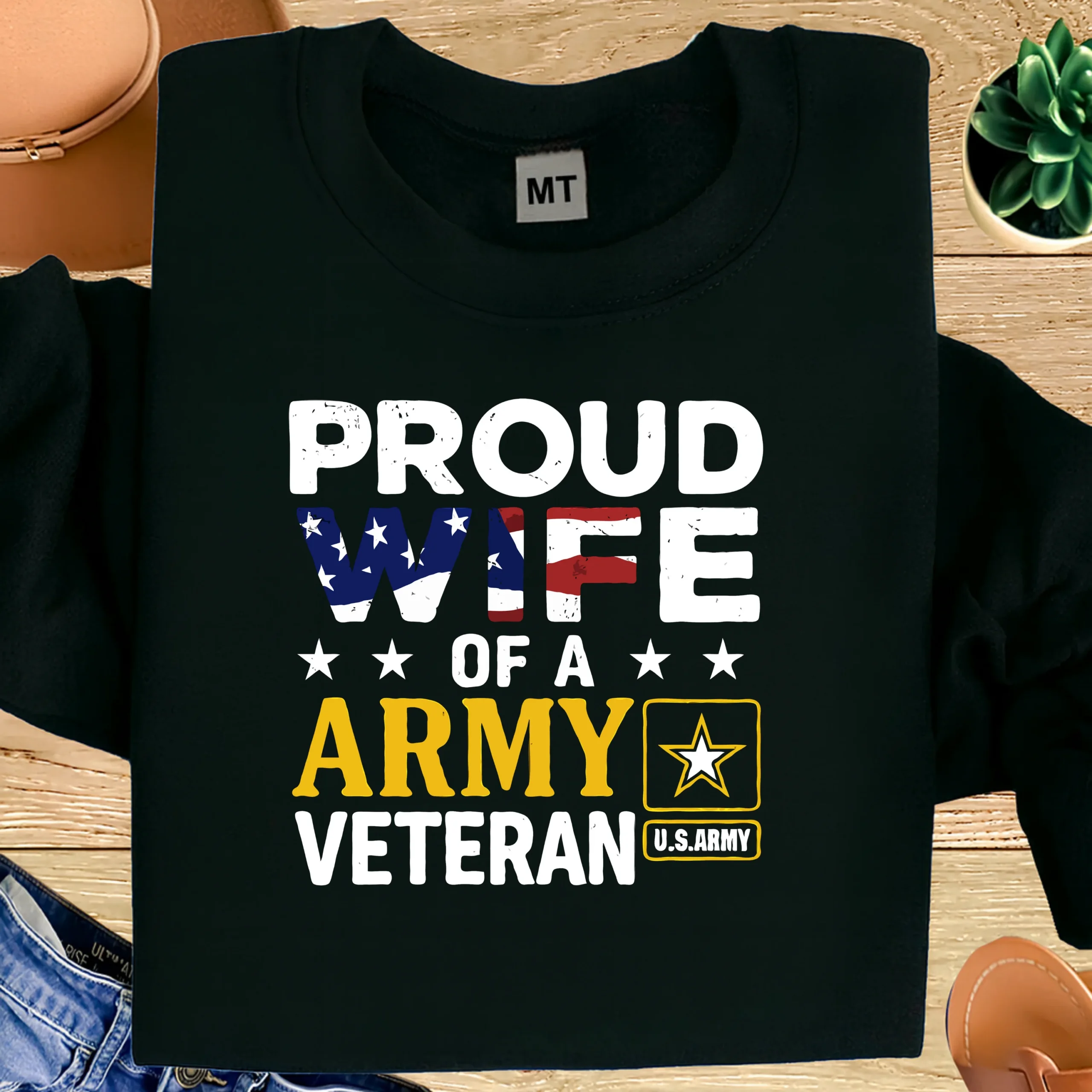 Proud Wife of a U.S. Army Veteran T-shirt with bold patriotic design. Premium cotton tee honoring military service, sacrifice, and family pride.