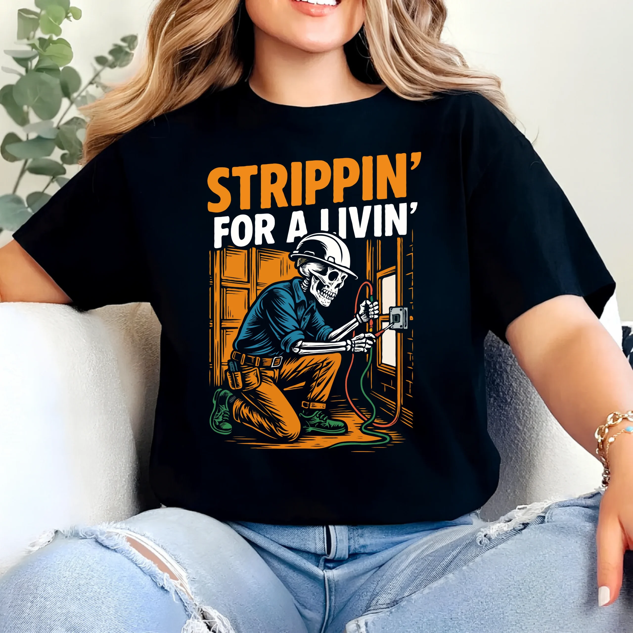 Strippin’ for a Livin’ T-Shirt | Funny Electrician Humor Tee - Image 2