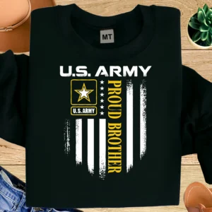 U.S. Army Proud Brother T-shirt with bold military flag design. Premium cotton tee for army families, supporters, patriotic wear, and everyday style.